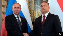 Russian President Vladimir Putin, left, shakes hands with Hungarian Prime Minister Viktor Orban during their meeting in Budapest, Hungary, Feb. 2, 2017. Putin's visit to Hungary is his first trip to the European Union since the U.S. presidential election.