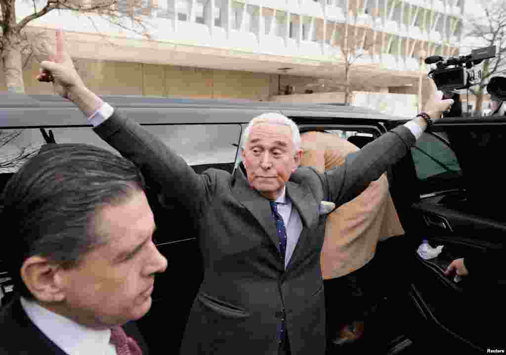 Roger Stone, former U.S. President Donald Trump&#39;s campaign adviser, gestures as he leaves the O&#39;Neill House Office Building, following his deposition before the House Select Committee investigating the January 6 attack on the U.S. Capitol, in Washington.