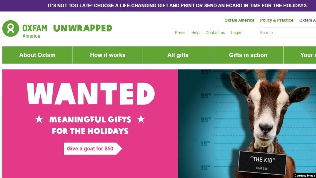 This is a screenshot of Oxfam web site where visitors can donate meaningful gifts for the holidays, Thursday, Dec. 24, 2015. "All the money Oxfam makes from selling goats will be spent on projects that help people generate an income, put food on the table and learn to cope with the impact of climate change," said Lindsey Bassett, manager of Oxfam Unwrapped.