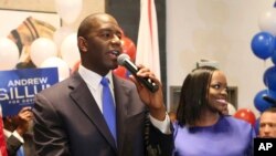 FILE - Andrew Gillum and his wife, R. Jai Gillum addresses his supporters after Andrew Gillum won the Democratic primary for governor, Aug. 28, 2018, in Tallahassee, Florida. 