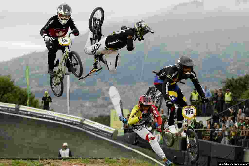Carlos Mario Oquendo of Colombia (2-L, up) falls along Jefferson Milano of Venezuela (2-R, bottom), during the finals of the elite men&#39;s World UCI BMX Championship in Medellin, Colombia, 29 May 2016.