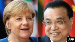 Foto kombinasi:: Perdana Menteri China, Li Keqiang (kanan) dan Kanselir Jerman, Angela Merkel Photos by ARIS OIKONOMOU and JOHN THYS / AFP).