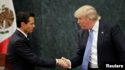 U.S. Republican presidential nominee Donald Trump and Mexico's President Enrique Pena Nieto shake hands at a press conference at the Los Pinos residence in Mexico City, Mexico, Aug. 31, 2016.