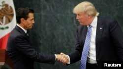 U.S. Republican presidential nominee Donald Trump and Mexico's President Enrique Pena Nieto shake hands at a press conference at the Los Pinos residence in Mexico City, Mexico, Aug. 31, 2016.