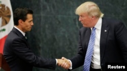 FILE - In this Aug. 31, 2016 photo, Mexican President Enrique Pena Nieto and then-Republican presidential nominee Donald Trump shake hands after a joint statement in Mexico City.