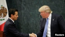U.S. Republican presidential nominee Donald Trump and Mexico's President Enrique Pena Nieto shake hands at a press conference at the Los Pinos residence in Mexico City, Mexico, Aug. 31, 2016.