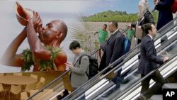 Delegates participating in the World Climate Conference pass by a poster of the Fiji Islands in Bonn, Germany, Nov. 6, 2017. 