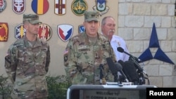 Maj. Gen. John Uberti, deputy commanding general III Corps and Fort Hood, speaks to the media outside the Marvin Leath Visitors Center at Fort Hood, Texas, June 3, 2016. 