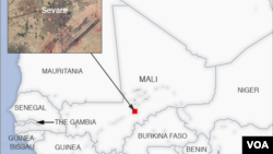 FILE - 2018 map showing location of Sevare, Mali.