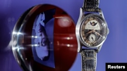 A Patek Philippe Reference 96 Quantieme Lune formerly from the collection of China's last emperor of the Qing Dynasty Aisin-Gioro Puyi is seen during a preview at Phillips, in Hong Kong, May 19, 2023. 