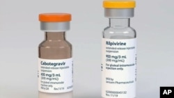 These illustrations, provided by drugmaker ViiV Healthcare on Thursday, Dec. 10, 2020, shows a rendering of the packaging and vials containing its new HIV treatment, Cabenuva, approved by the U.S. Food and Drug Administration on Thursday, Jan. 21, 2021. (