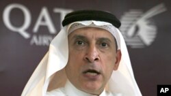 Qatar Airways CEO Akbar al-Baker speaks at a press conference during the Arabian Travel Market Exhibition in Dubai, United Arab Emirates, April 24, 2017. 