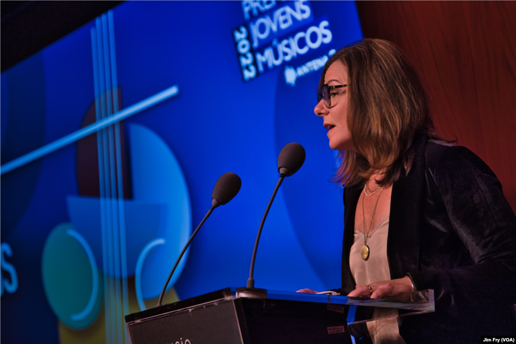 Acting VOA Director Yolanda López speaking at the world premiere of the VOA documentary, "Symphony of Courage" in Lisbon, Portugal. 