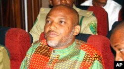 FILE - Biafran separatist leader Nnamdi Kanu listens to court proceedings at the Federal High court in Abuja, Nigeria on Jan. 29, 2016. 