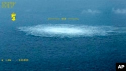 The gas leak in the Baltic Sea from Nord Stream is photographed from a Swedish Coast Guard aircraft, Sept. 27, 2022. A fourth leak on the Nord Stream pipelines has been reported off southern Sweden. Earlier, three leaks had been reported on the two under