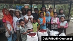 Mahniwati (tengah berkaus kuning) bersama para keluarga petani kopi saat panen raya di kecamatan Bayan, Lombok utara, Agustus 2022. (Foto: Dok Pribadi)