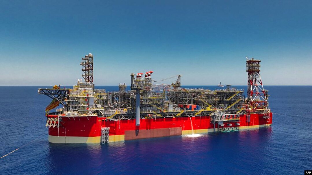 This handout picture released by Energean oil and gas company on Sept. 20, 2022 shows an Energean Floating production storage and offloading (FPSO) ship in the Karish field, an offshore gas field in the Mediterranean sea which is claimed by Israel and partly by Lebanon.