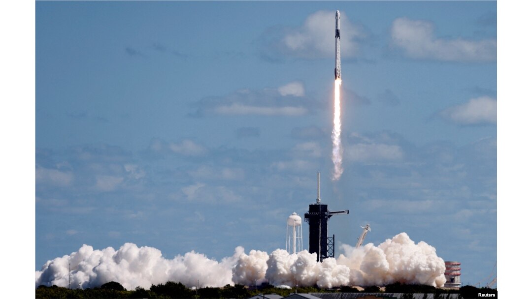 A SpaceX Falcon 9 rocket with the Dragon capsule launches from Pad-39A on the Crew-5 mission to the International Space Station from NASA's Kennedy Space Center in Cape Canaveral, Florida.