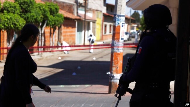 A police officer guards the area as investigators comb the site where more than a dozen people were believed to have been gunned down by armed men, in San Jose de Gracia, head of the municipality of Marcos Castellanos, in Michoacan state, Mexico, Feb. 28,