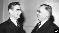 FILE - Claude A. Watson, right, 58, attorney of Los Angeles, was nominated at Indianapolis, Ind., on Nov. 14, 1943, by the national Prohibition Party as its candidate for president in 1944. F.C. Carrier, left, Takoma Park, Md., was named as the party's vice presidential nominee.