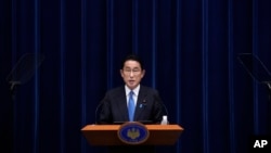 FILE - Japan's Prime Minister Fumio Kishida speaks during a news conference at the prime minister's official residence in Tokyo, Aug. 31, 2022. Kishida says his ruling party will cut ties with the Unification Church.