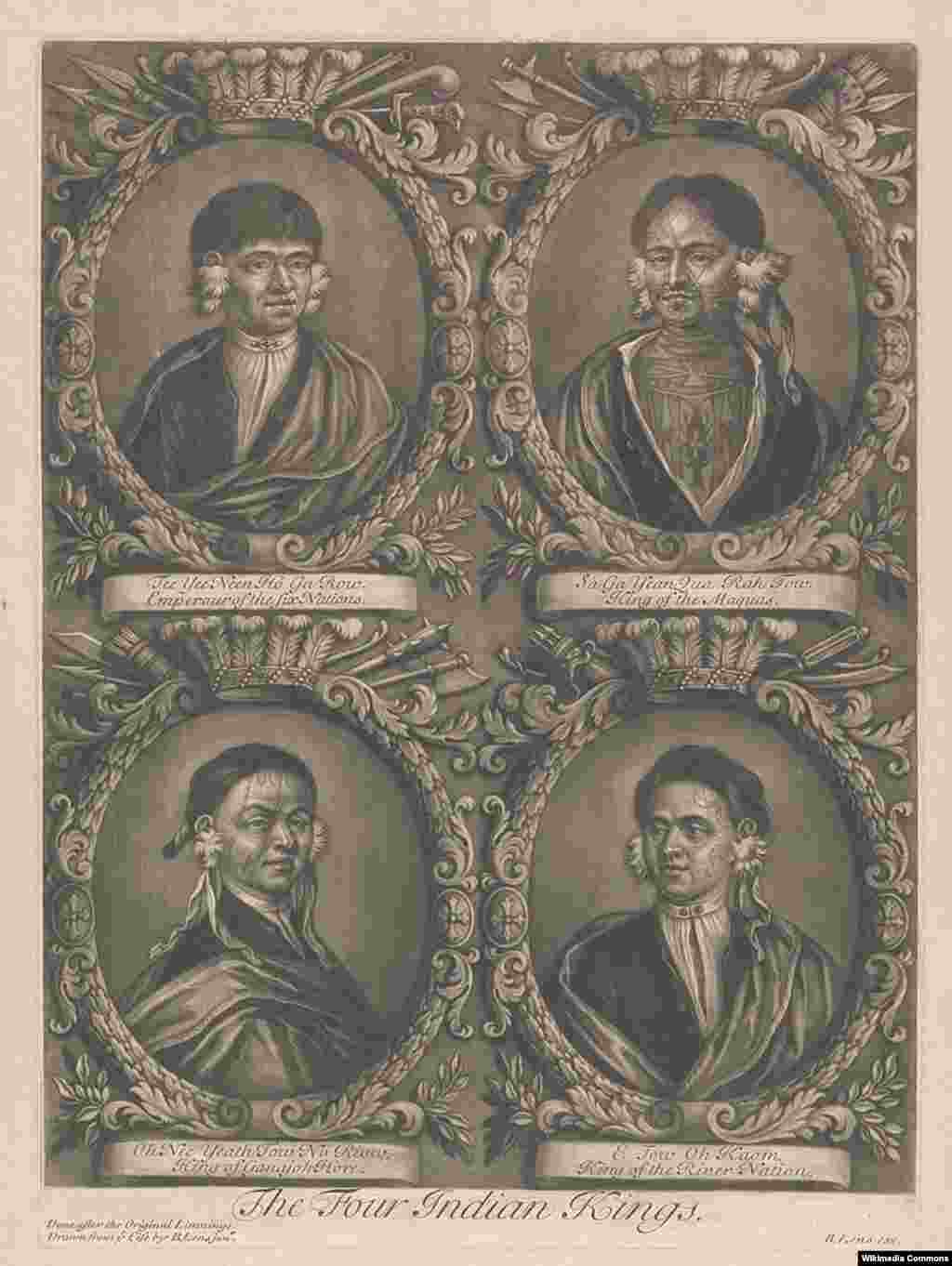 Print by Bernard Lens II shows three Mohawk and a Mahican leaders with face tattoos during their 1710 diplomatic mission to London.
