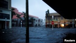 A flooded street is seen in downtown as Hurricane Ian makes landfall in southwestern Florida, in Fort Myers, Florida, Sept. 28, 2022.