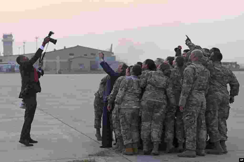 U.S. Vice President Kamala Harris takes a selfie with American soldiers before her departure from the demilitarized zone (DMZ) separating the two Koreas, in Panmunjom, South Korea.