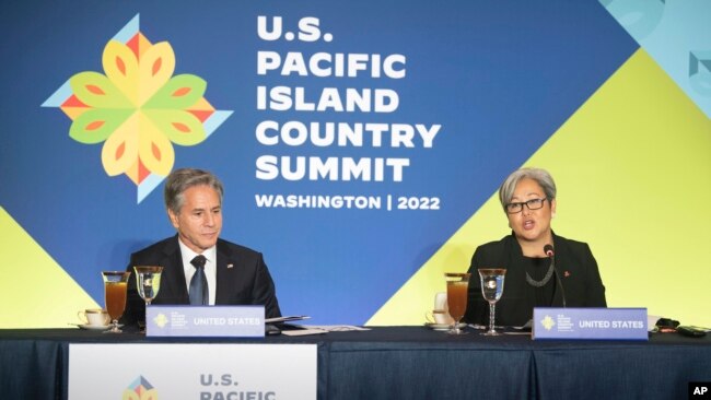 East-West Center President Suzanne Puanani Vares-Lum, right, speaks at the U.S.-Pacific Island Country Summit with Secretary of State Antony Blinken at the State Department in Washington on Sept. 28, 2022.