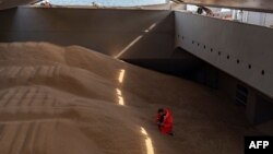 একজন কর্মকর্তা ১১ অক্টোবর, ২০২২ এ ইউক্রেন থেকে আসা এবং ইস্তাম্বুলে নোঙ্গর করা একটি জাহাজের শস্য বিশ্লেষণ করছেন।