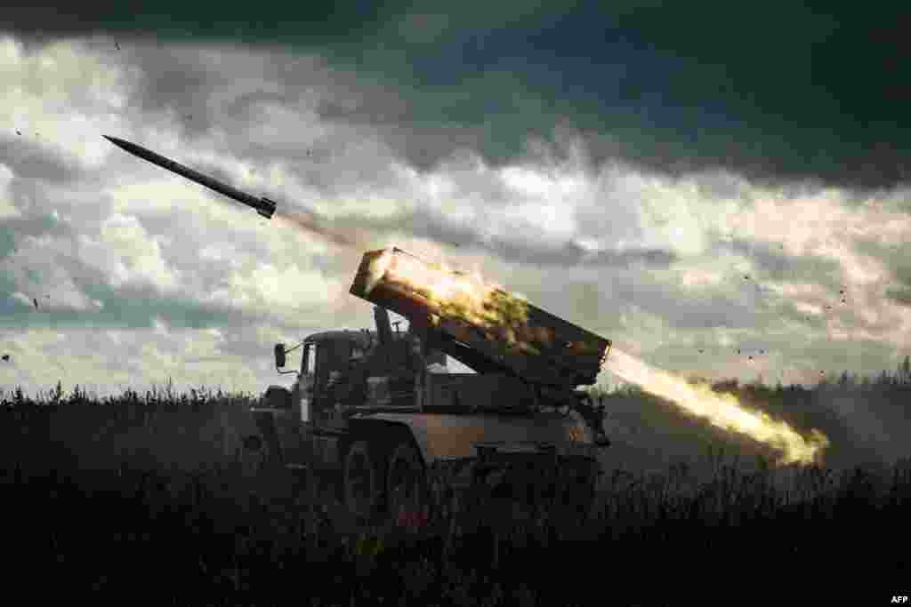 A BM-21 Grad multiple rocket launcher fires at Russian positions in Kharkiv region, Ukraine.