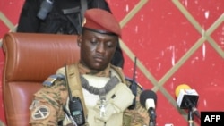 FILE - In this photo taken on October 02, 2022, Burkina Faso's new self-proclaimed leader captain Ibrahim Traore attends a meeting in Ouagadougou.