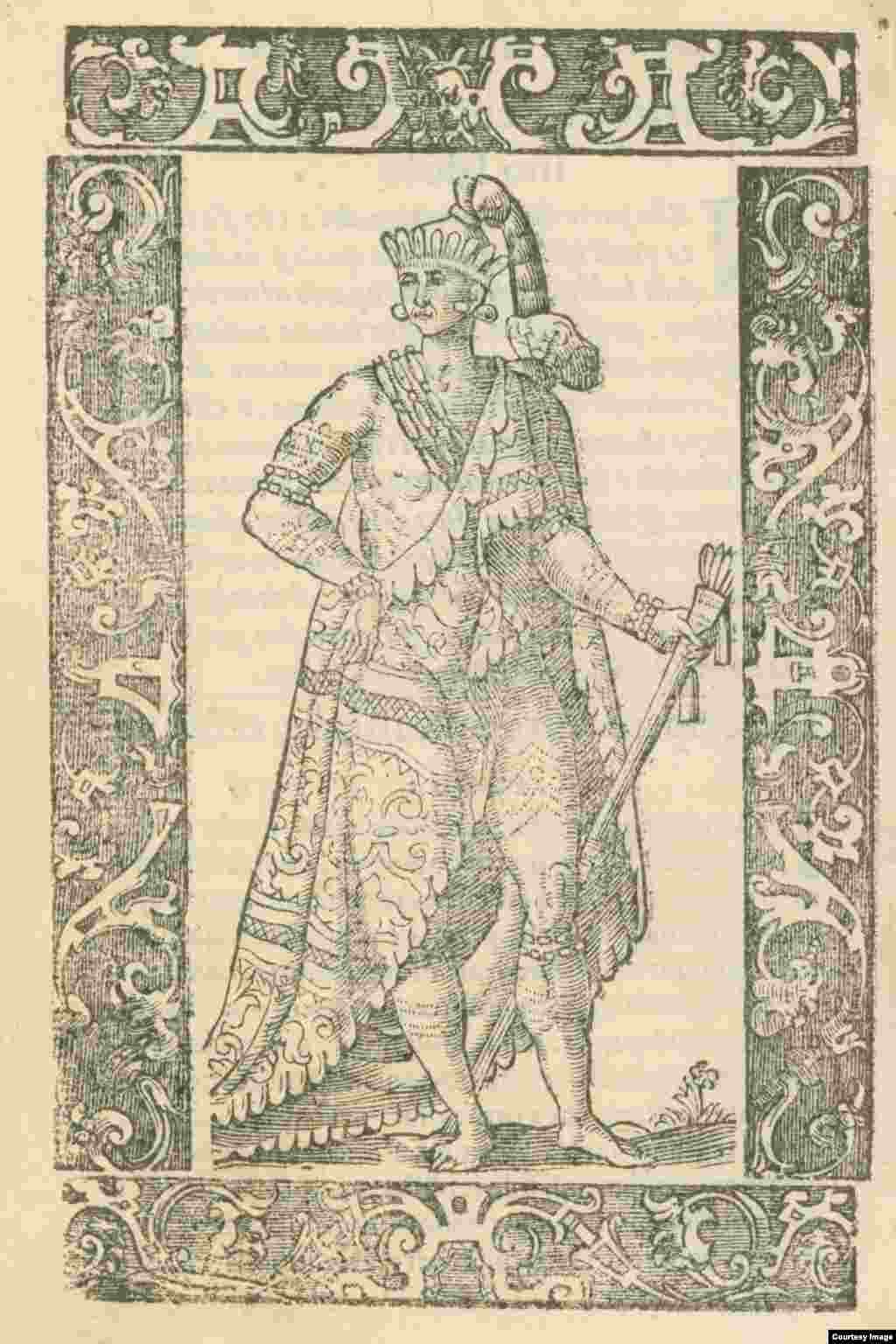 "King of Florida," a 1598 woodcut by Christoph Krieger, shows figure with arm and leg tattoos. ©John Carter Brown Library, Brown University.