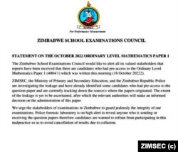Umbiko owethulwe lugatsha lweZimbabwe Schools Examination Council (Zimsec).