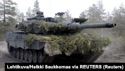 A Leopard battle tank of the Armoured Brigade takes part in the Army mechanised exercise Arrow 22 exercise at the Niinisalo garrison in Kankaanpaa, Finland May 4, 