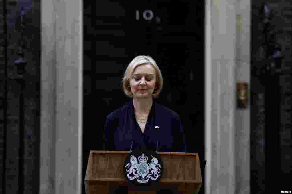 British Prime Minister Liz Truss announces her resignation, outside Number 10 Downing Street, London.