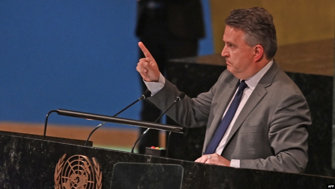 Ambasador Ukrajine u Ujedinjenim nacijama Sergij Kisalica govori tokom zasedanja Generalne skupštine UN, u Njujorku, 10. oktobra 2022.