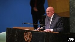 FILE - Russia's ambassador to the United Nations, Vassily Nebenzia, speaks during a General Assembly meeting in New York, Oct. 10, 2022. On April 1, 2023, Russia will take over the rotating presidency of the Security Council.