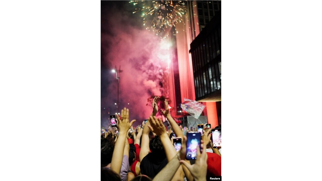 A view of fireworks as supporters of Luiz Inacio Lula da Silva celebrate at an election night gathering on the day of the Brazilian presidential election run-off, in Sao Paulo, Brazil, Oct. 30, 2022.