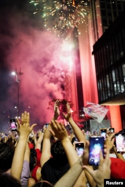 A view of fireworks as supporters of Luiz Inacio Lula da Silva celebrate at an election night gathering on the day of the Brazilian presidential election run-off, in Sao Paulo, Brazil, Oct. 30, 2022.