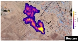 Imaging of a methane plume at least 3 miles (4.8 km) long rising from a major landfill, where methane is a byproduct of decomposition, south of Tehran, Iran, captured by NASA's orbital imaging spectrometer, is overlaid on a satellite photo in this handout image released October 25, 2022. (Google Earth/Maxar/NASA/JPL-Caltech/Handout via REUTERS)