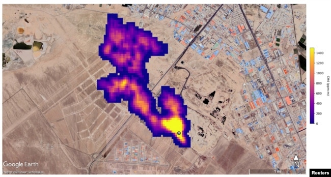 Imaging of a methane plume at least 3 miles (4.8 km) long rising from a major landfill, where methane is a byproduct of decomposition, south of Tehran, Iran, captured by NASA's orbital imaging spectrometer, is overlaid on a satellite photo in this handout image released October 25, 2022. (Google Earth/Maxar/NASA/JPL-Caltech/Handout via REUTERS)