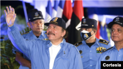 El Presidente de Nicaragua Daniel Ortega Saavedra, durante un de la Policía Nacional este viernes. Foto: Captura de pantalla de presidencia
