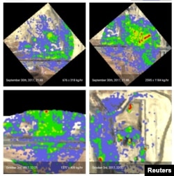 Four images captured by an infrared spectrometer during aerial survey by NASA's Jet Propulsion Laboratory on Sept. 30, 2017 and Oct. 3, 2017 show plumes of methane escaping from Republic Services' Forward Landfill in Manteca, California. (NASA via REUTERS)