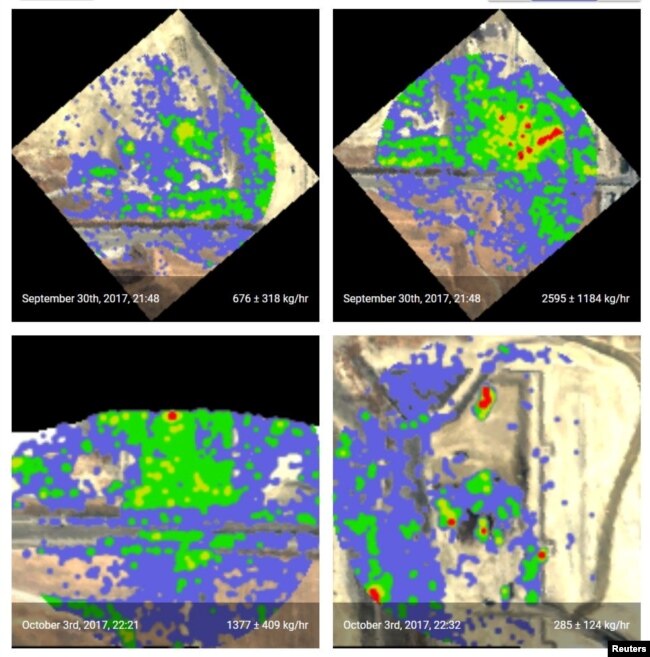 Four images captured by an infrared spectrometer during aerial survey by NASA's Jet Propulsion Laboratory on Sept. 30, 2017 and Oct. 3, 2017 show plumes of methane escaping from Republic Services' Forward Landfill in Manteca, California. (NASA via REUTERS)