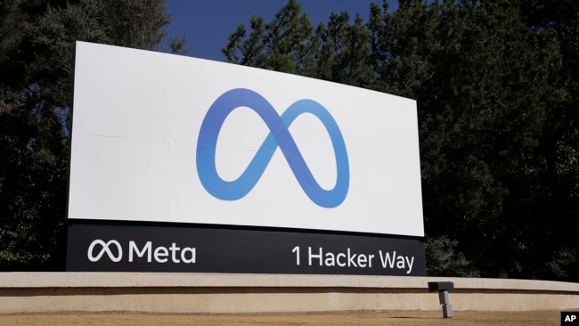 Facebook's Meta logo sign is seen at the company headquarters in Menlo Park, Calif., on, Oct. 28, 2021. (AP Photo/Tony Avelar, File)