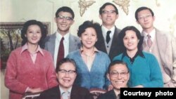 A Joseph Cheng family photo, year unknown. Pictured are, front row, from left: Wen Ding, mother, and Joseph Cheng, father. Middle row, from left, Julie Hirsch Deqin Cheng and Dequan Cheng. Back row, from left, Dekang Cheng, Dejian Cheng and Deyuan Cheng.