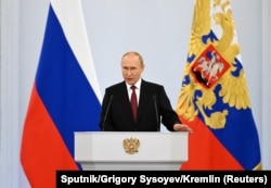俄罗斯总统普京在莫斯科克里姆林宫发表讲话。（2022年9月30日）
