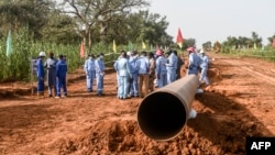 资料照片：在尼日尔加亚地区，来自尼日尔和中国的工人在石油输油管线的施工现场。（2022年10月10日）