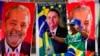 A demonstrator dressed in the colors of the Brazilian flag stands in front of towels for sale featuring Brazilian presidential candidates current President Jair Bolsonaro, center, and former President Luiz Inacio Lula da Silva, in Brasilia, Brazil, Sept. 
